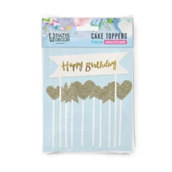 Cake Topper Happy Birthday Cœurs et Étoiles Dorés (x10) Patisdécor