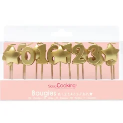 Lot de bougies dorées 0 à 9 + 5 étoiles ScrapCooking